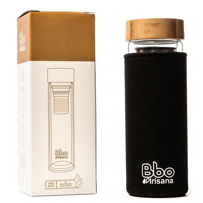 INFUSIONADOR DE DOBLE PARET DE VIDRIE (400 ml) - De Borosilicato con tapón de bambú y funda de neopreno.