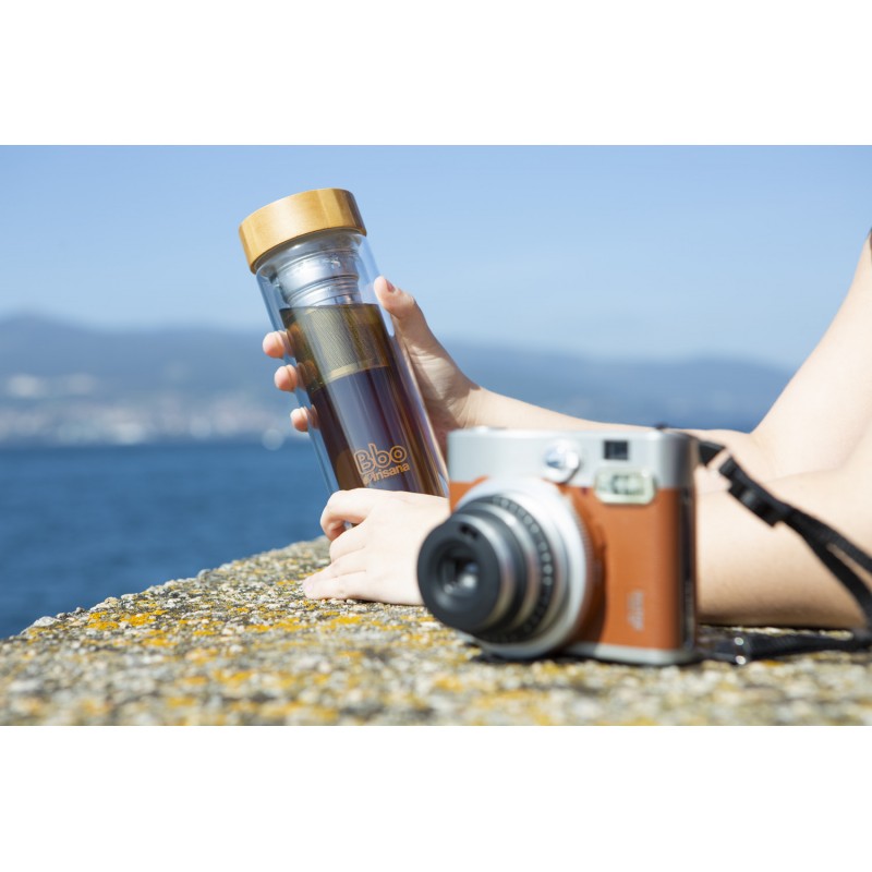 INFUSIONADOR DE DOBLE PARET DE VIDRIE (400 ml) - De Borosilicato con tapón de bambú y funda de neopreno.