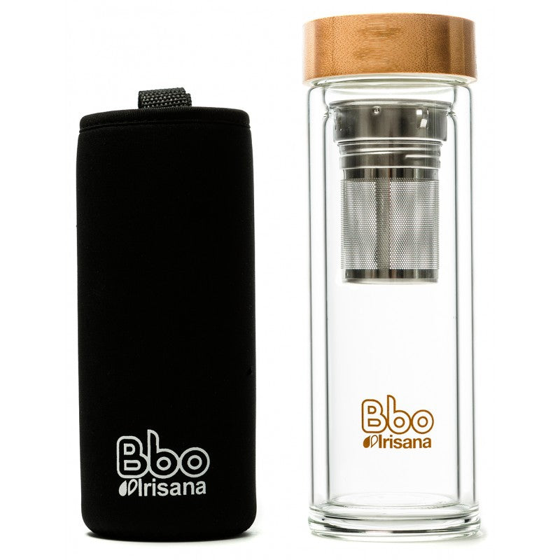 INFUSIONADOR DE DOBLE PARET DE VIDRIE (400 ml) - De Borosilicato con tapón de bambú y funda de neopreno.